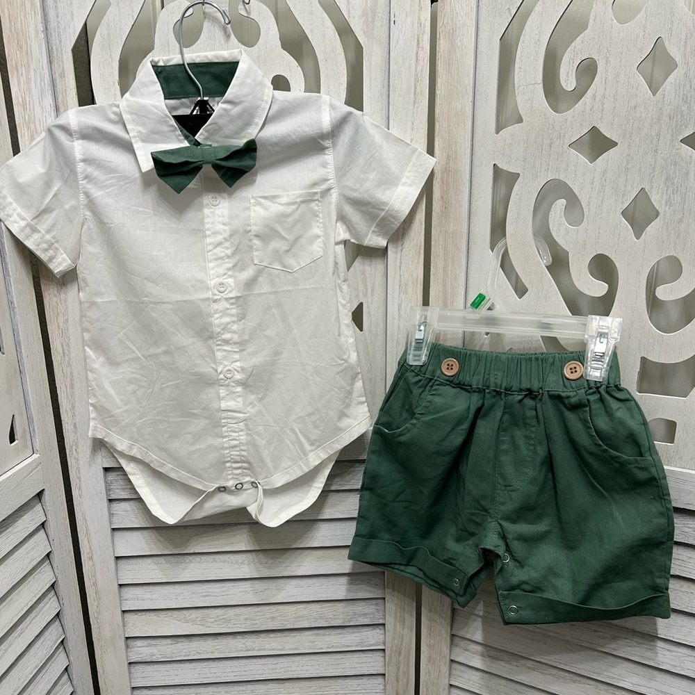 Boys White Button-Up Onesie with Green Bow Tie and Green Shorts Set